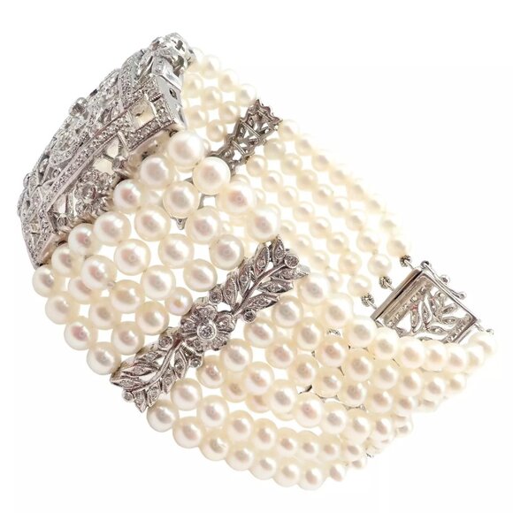 Vintage Estate 18k White Gold Diamond 7 Row 4.5mm Pearl Bracelet - Picture 12 of 15